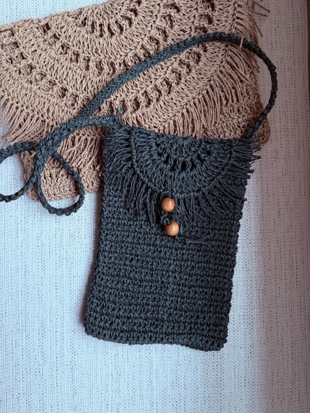 Dark Green / Emerald Handwoven Crochet Crossbody Bag with Wooden Bead Accent